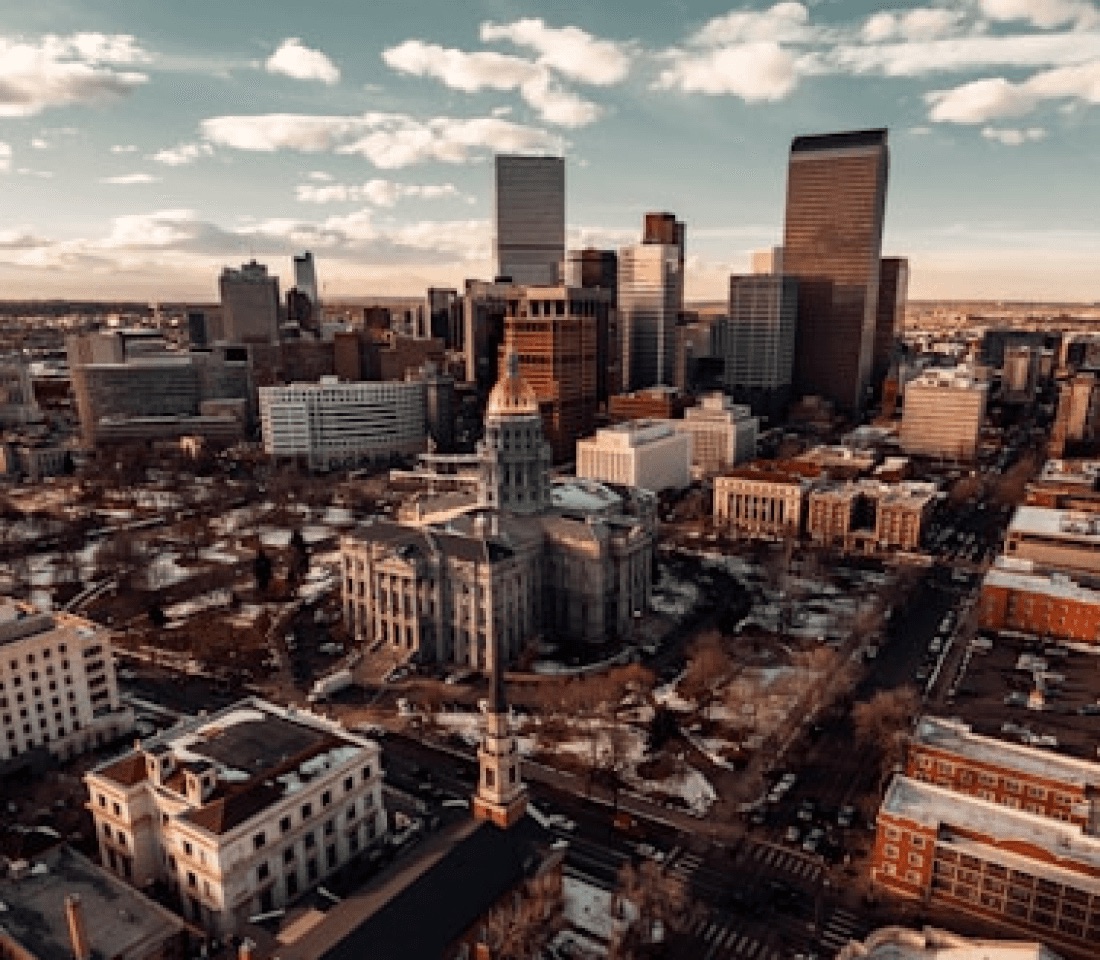 Aerial view of downtown Denver and the Colorado State Capitol