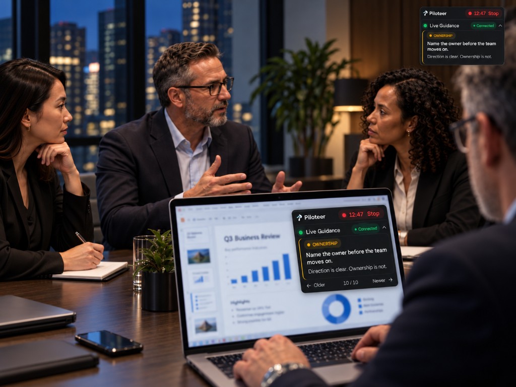 Leadership meeting. A laptop shows a business review spreadsheet with the Piloteer widget on top: Ownership. Name the owner before the team moves on. Direction is clear. Ownership is not.