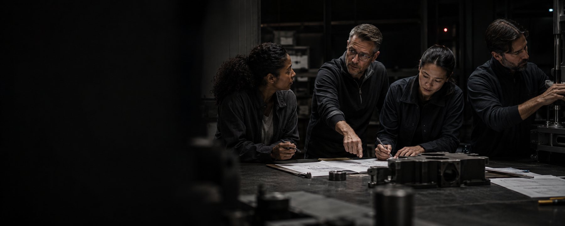 A team reviewing plans together in an industrial workspace