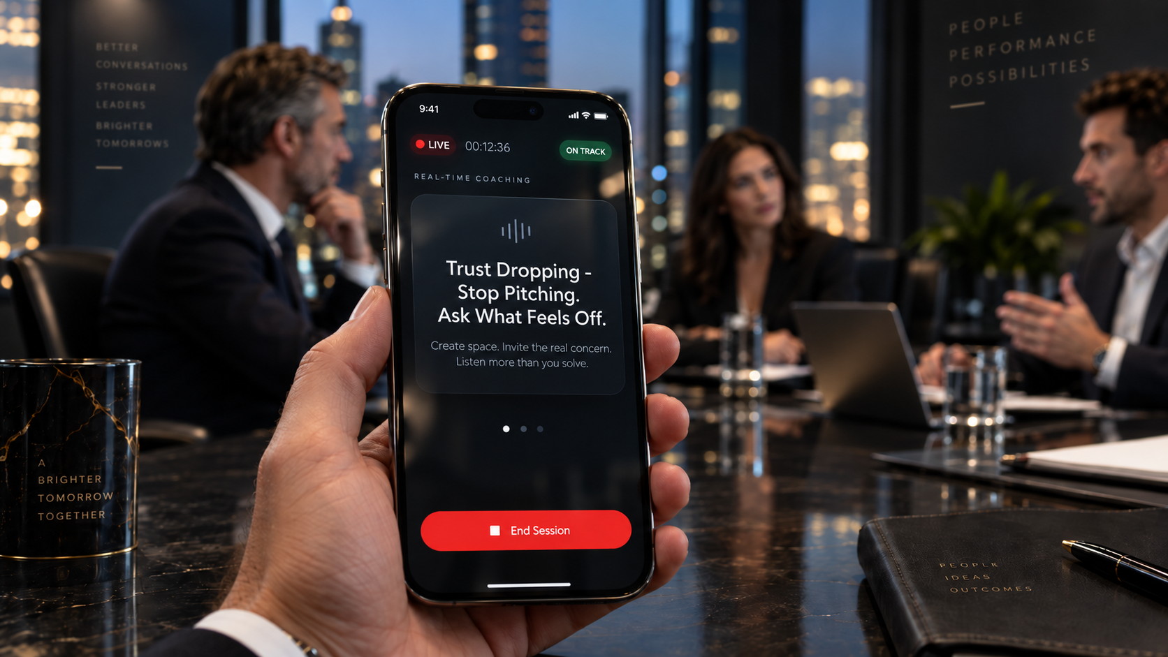 Live private coaching on a phone during a meeting: Trust dropping. Stop pitching. Ask what feels off.