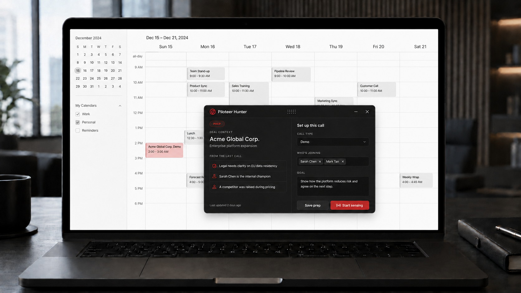 Hunter prep on a laptop over a calendar: set up this call for Acme Global Corp with context from the last conversation.