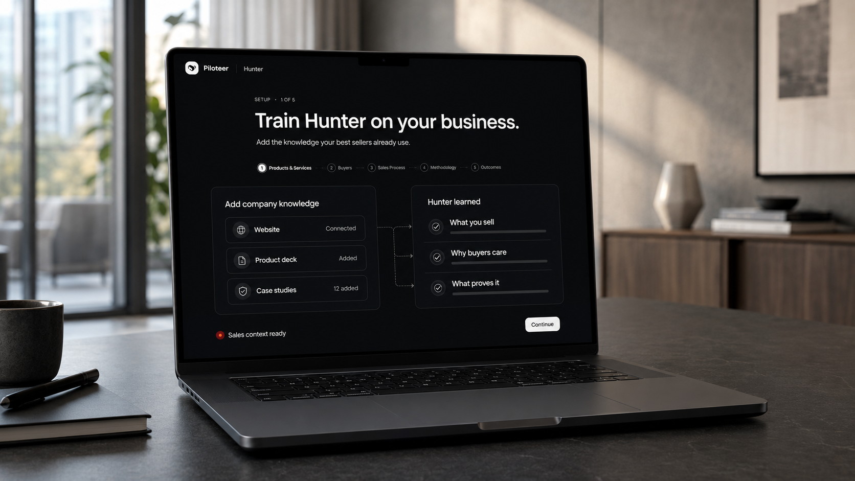Hunter on a laptop: Train Hunter on your business, with company knowledge connected and what Hunter learned.