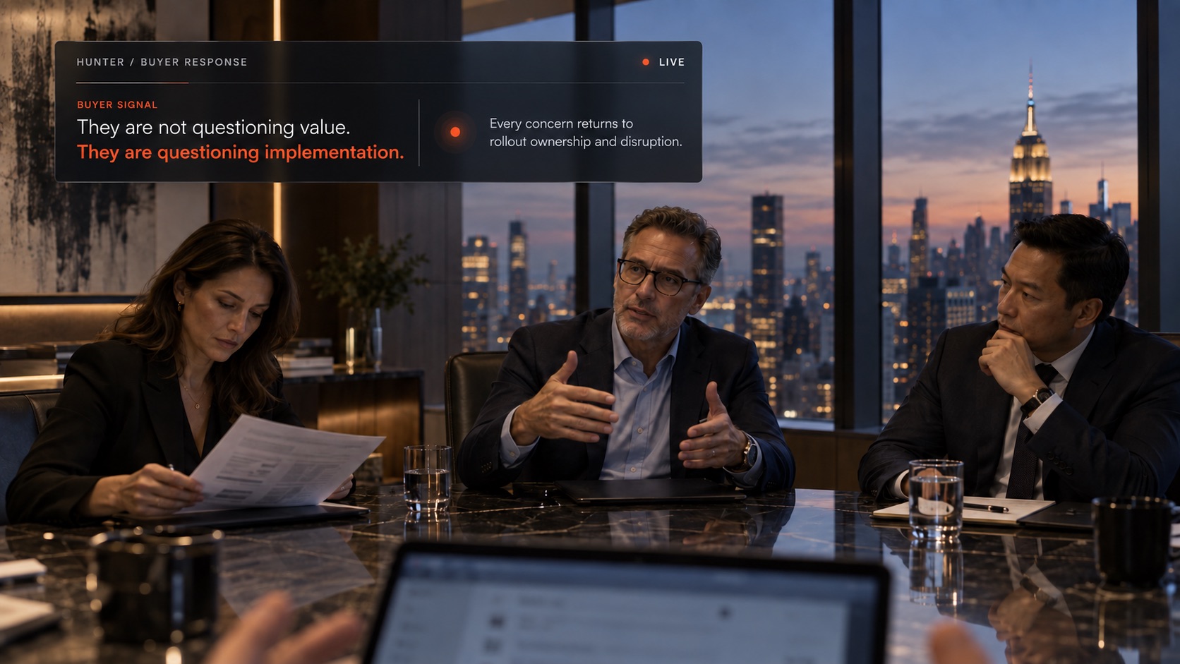 The same sales meeting. Hunter buyer signal: they are not questioning value. They are questioning implementation. Every concern returns to rollout ownership and disruption.