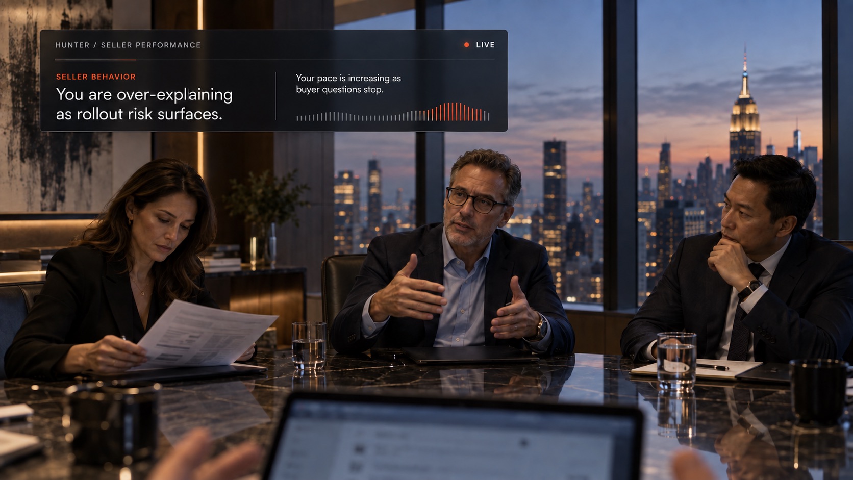 The same sales meeting. Hunter seller behavior: you are over-explaining as rollout risk surfaces. Your pace is increasing as buyer questions stop.