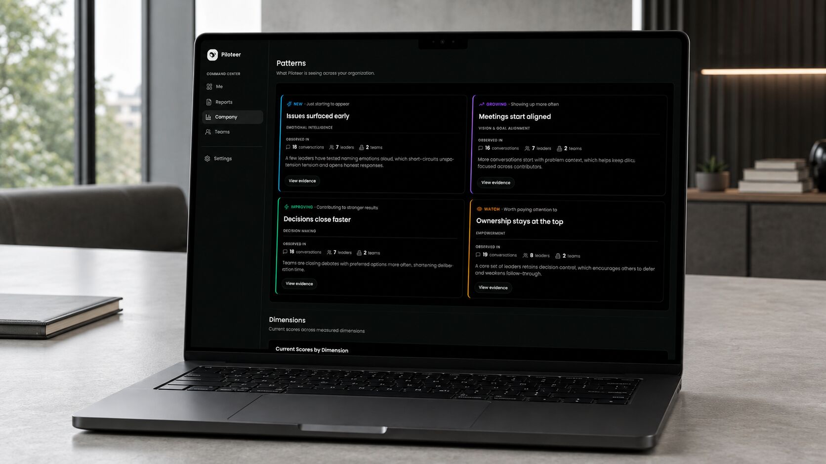 Commander organizational patterns on a laptop, showing issues surfaced early, meetings starting aligned, and decisions closing faster.