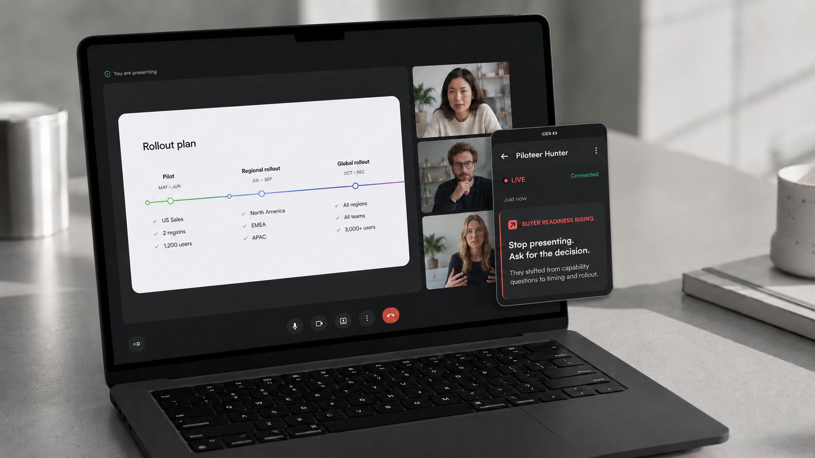 Hunter live on a sales presentation, prompting the seller to stop presenting and ask for the decision.