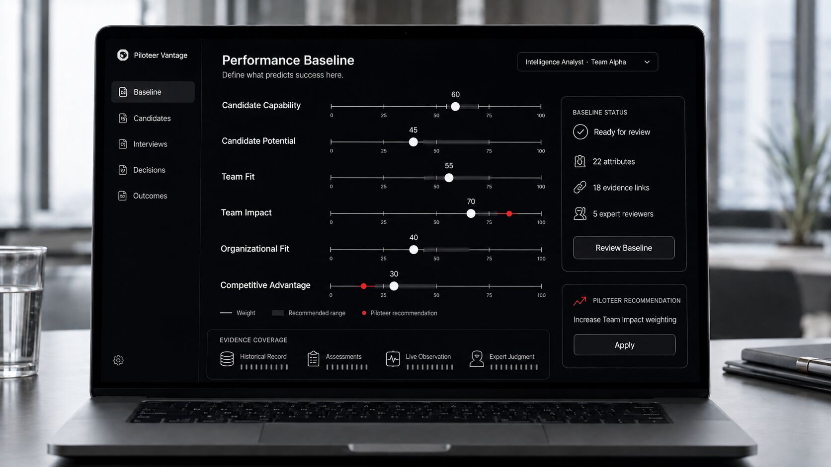Vantage Performance Baseline on a laptop, defining what predicts success for a role and team.