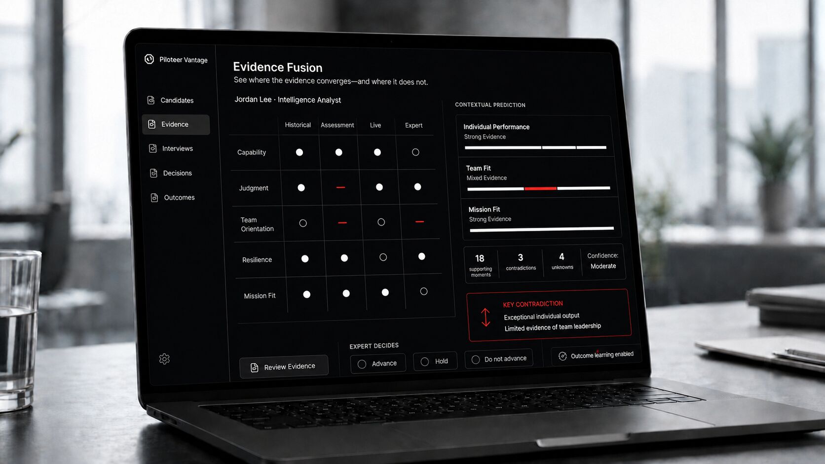 Vantage Evidence Fusion on a laptop, showing where candidate evidence converges and where it does not.